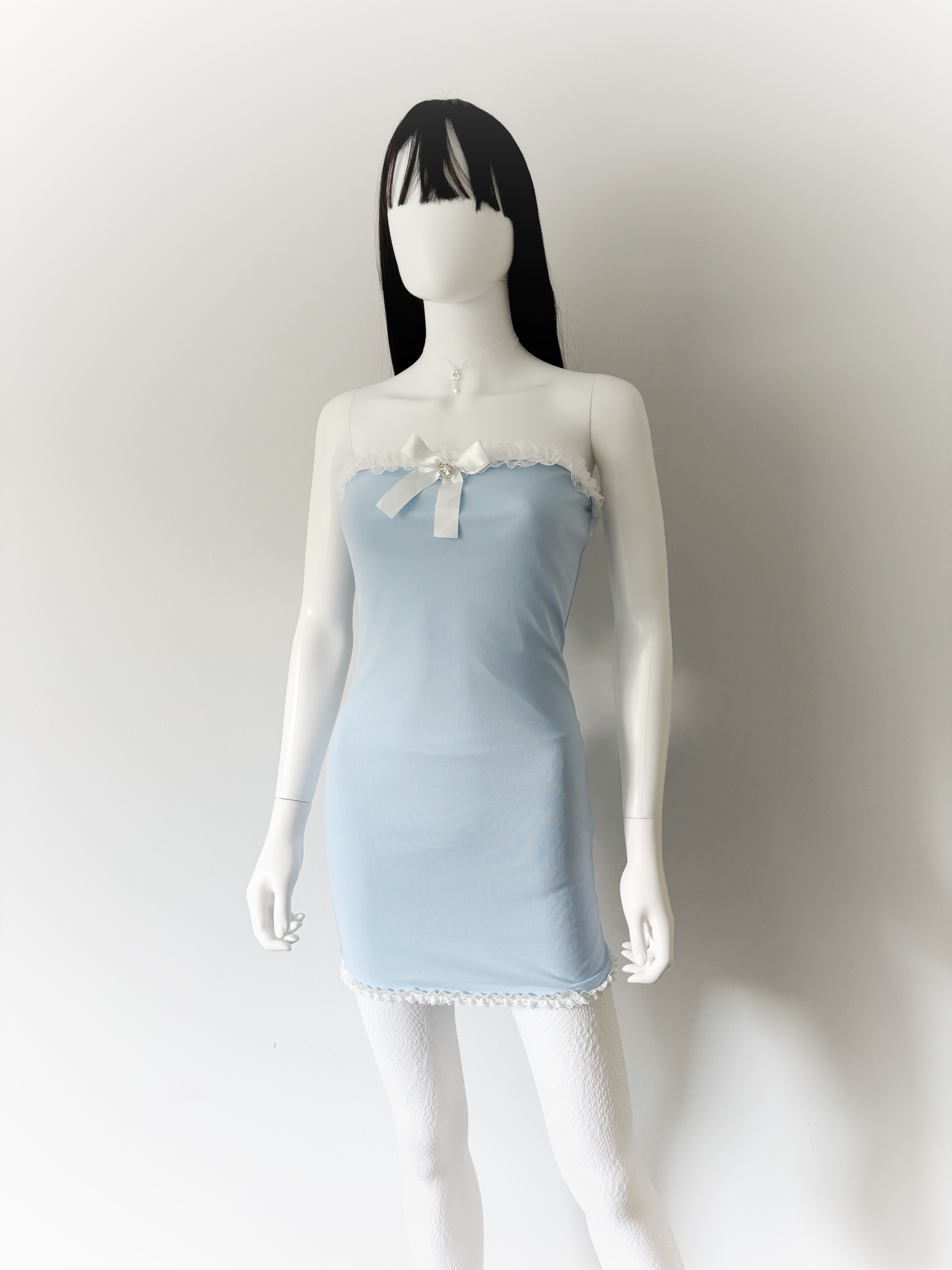 Blue Ruffle and Bow Tube Dress