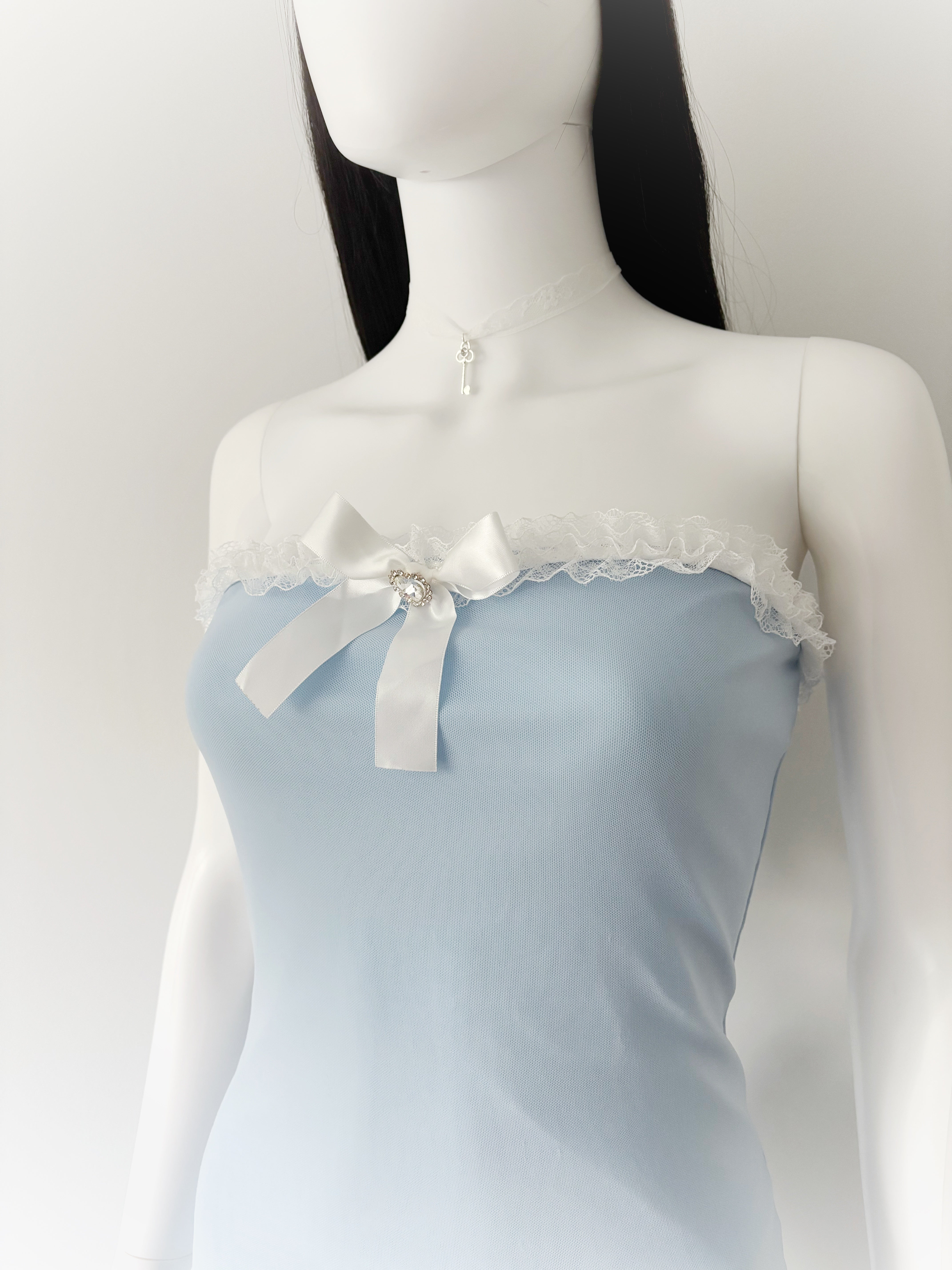 Blue Ruffle and Bow Tube Dress