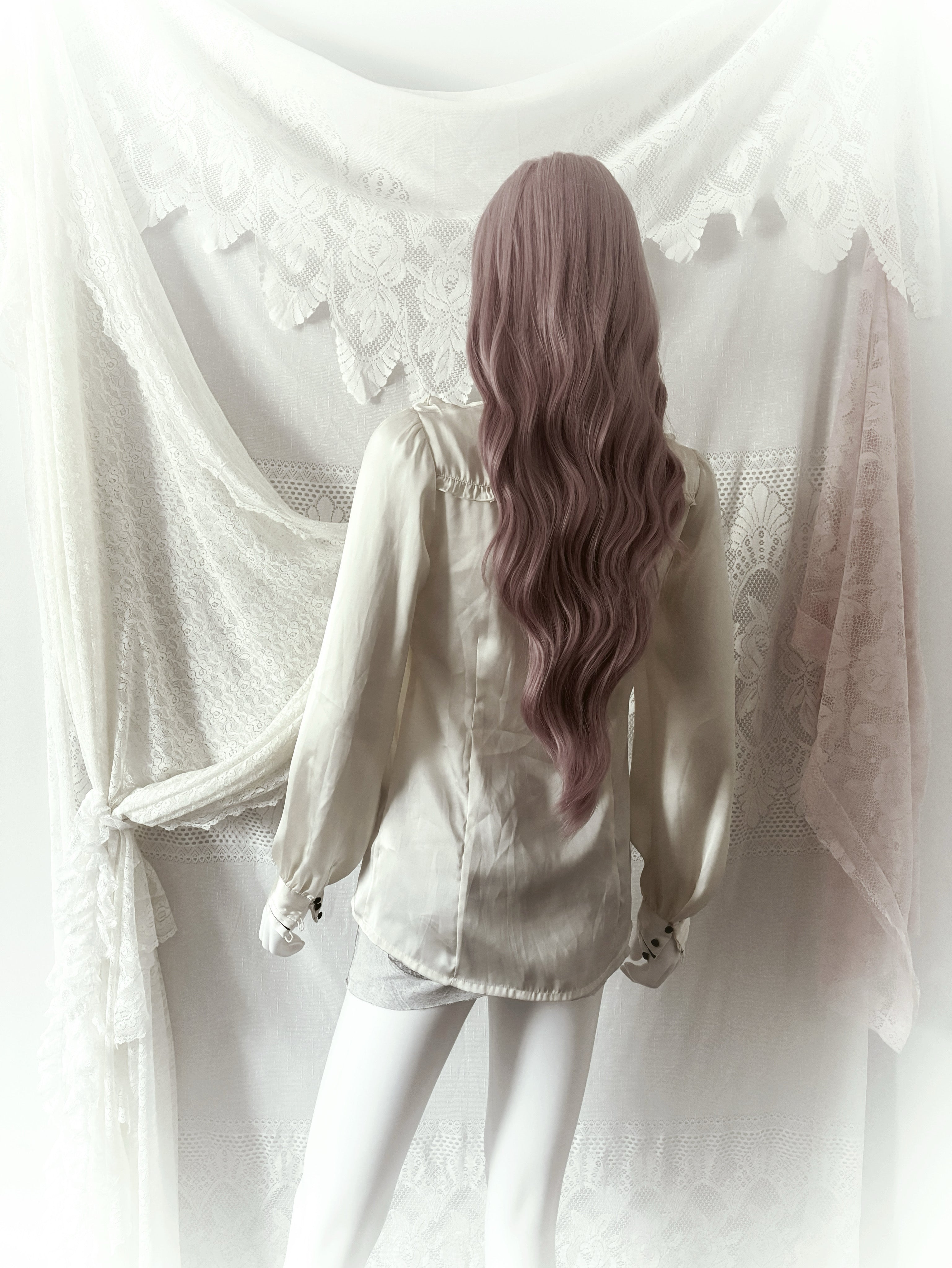 Lolita cream silky blouse with ruffle details and button-up front