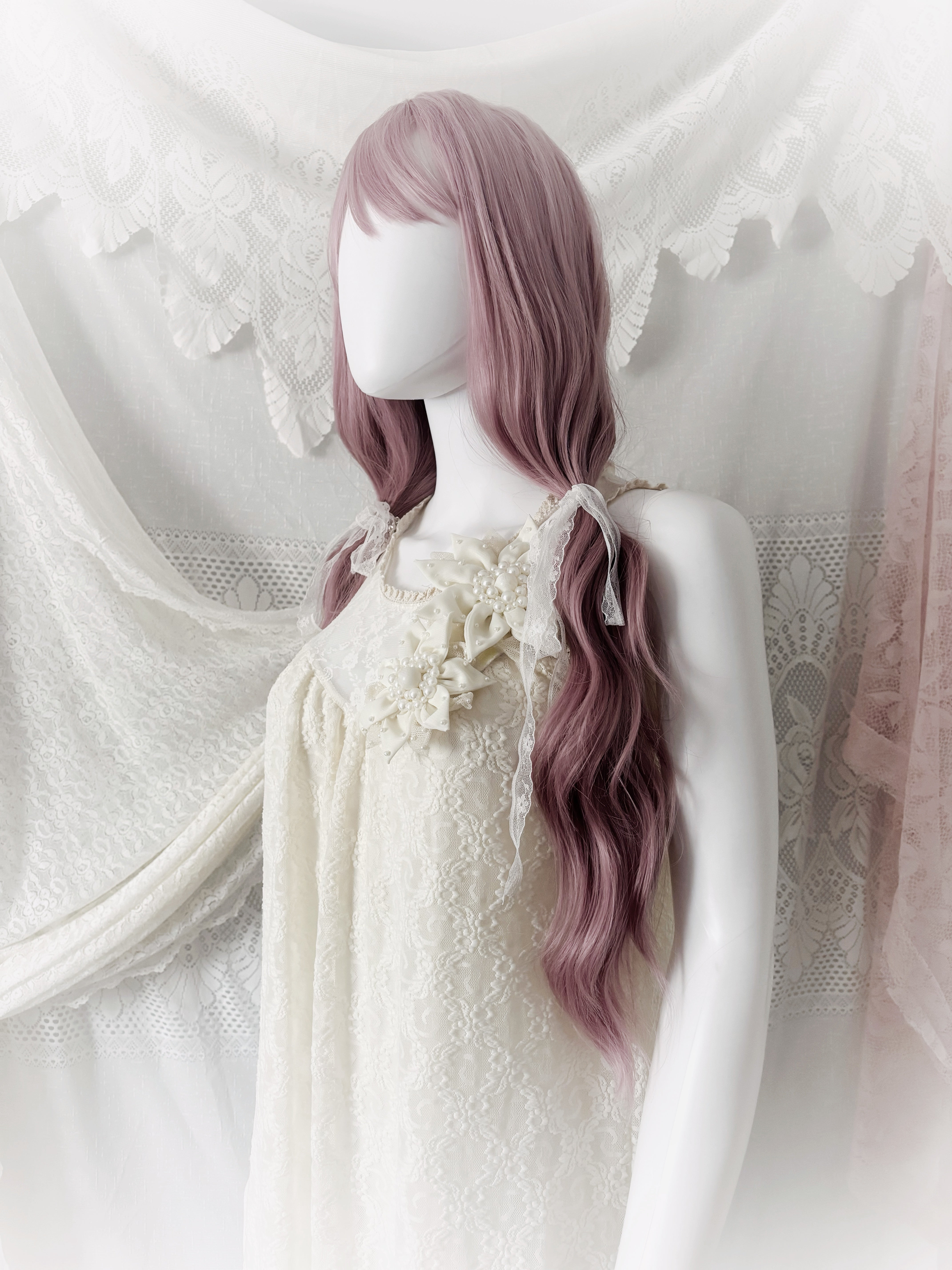 Cream lace baby doll dress with floral and pearl details