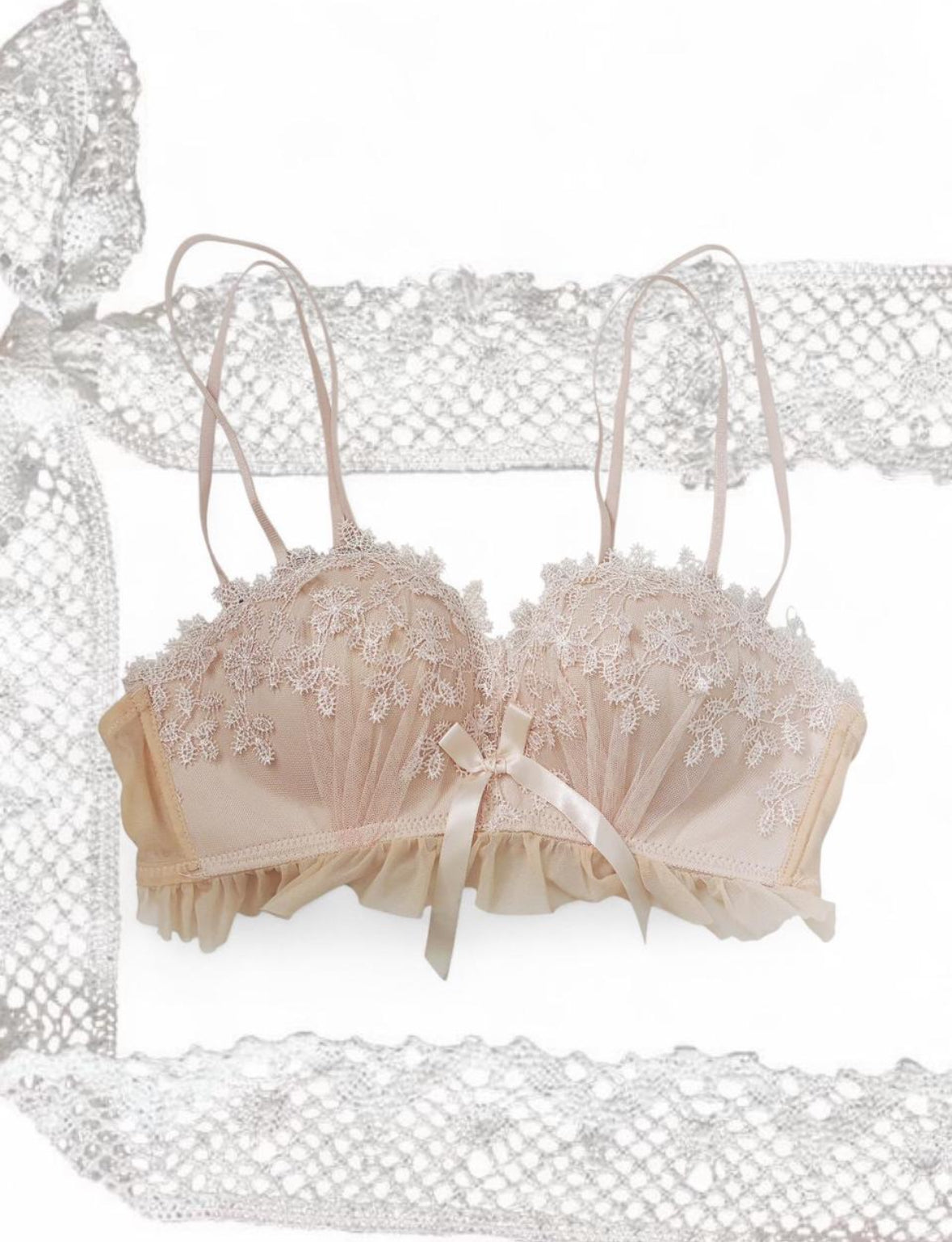 Pink lace bra top with ruffles and bows
