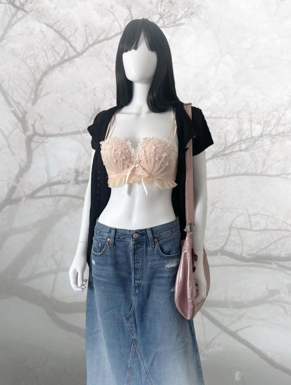 Pink lace bra top with ruffles and bows