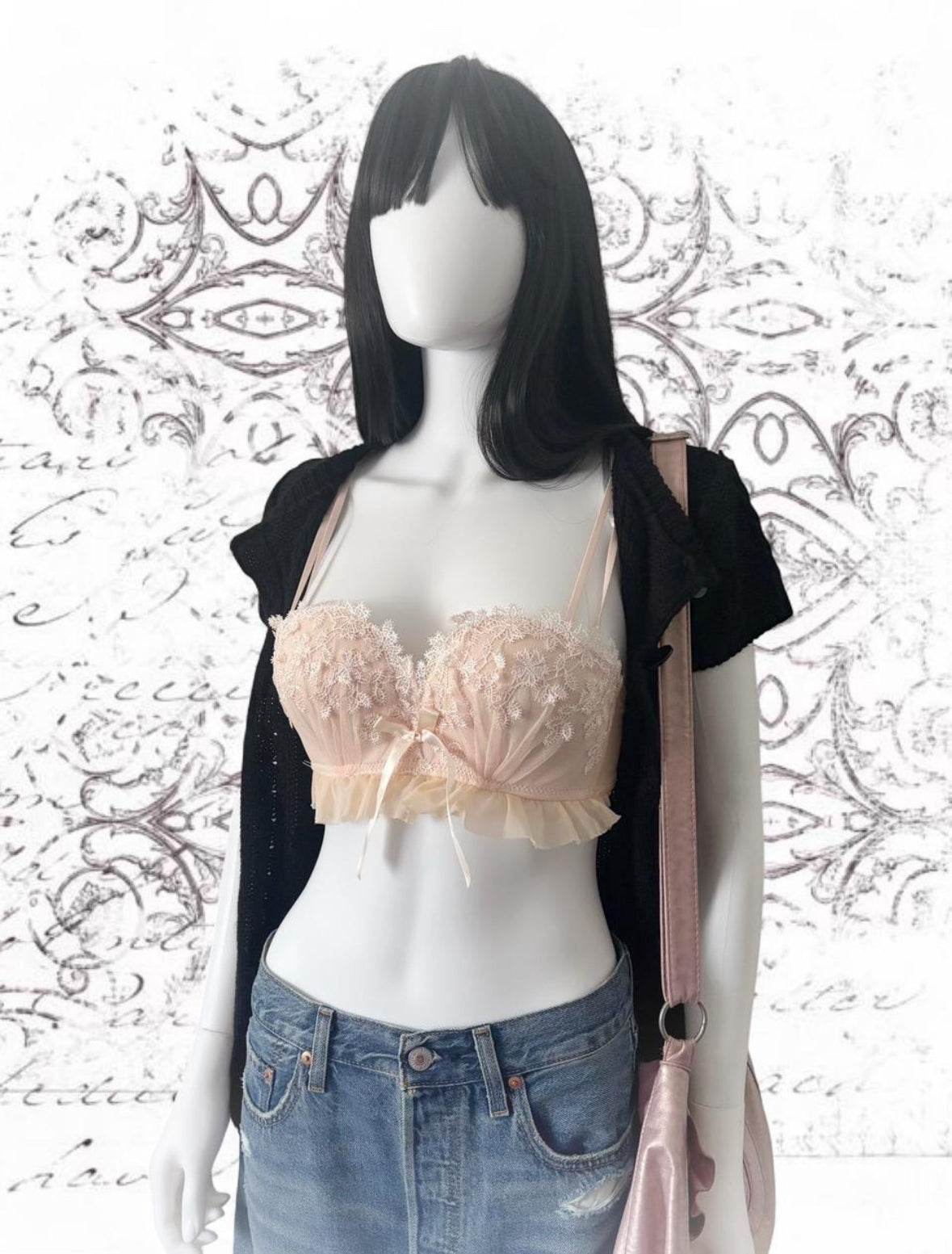 Pink lace bra top with ruffles and bows