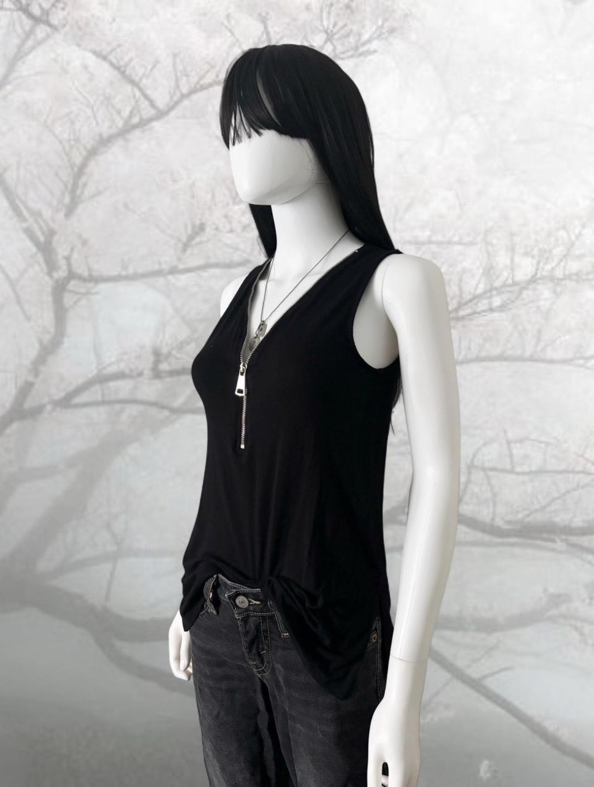 Black V neck tank top with zipper detail
