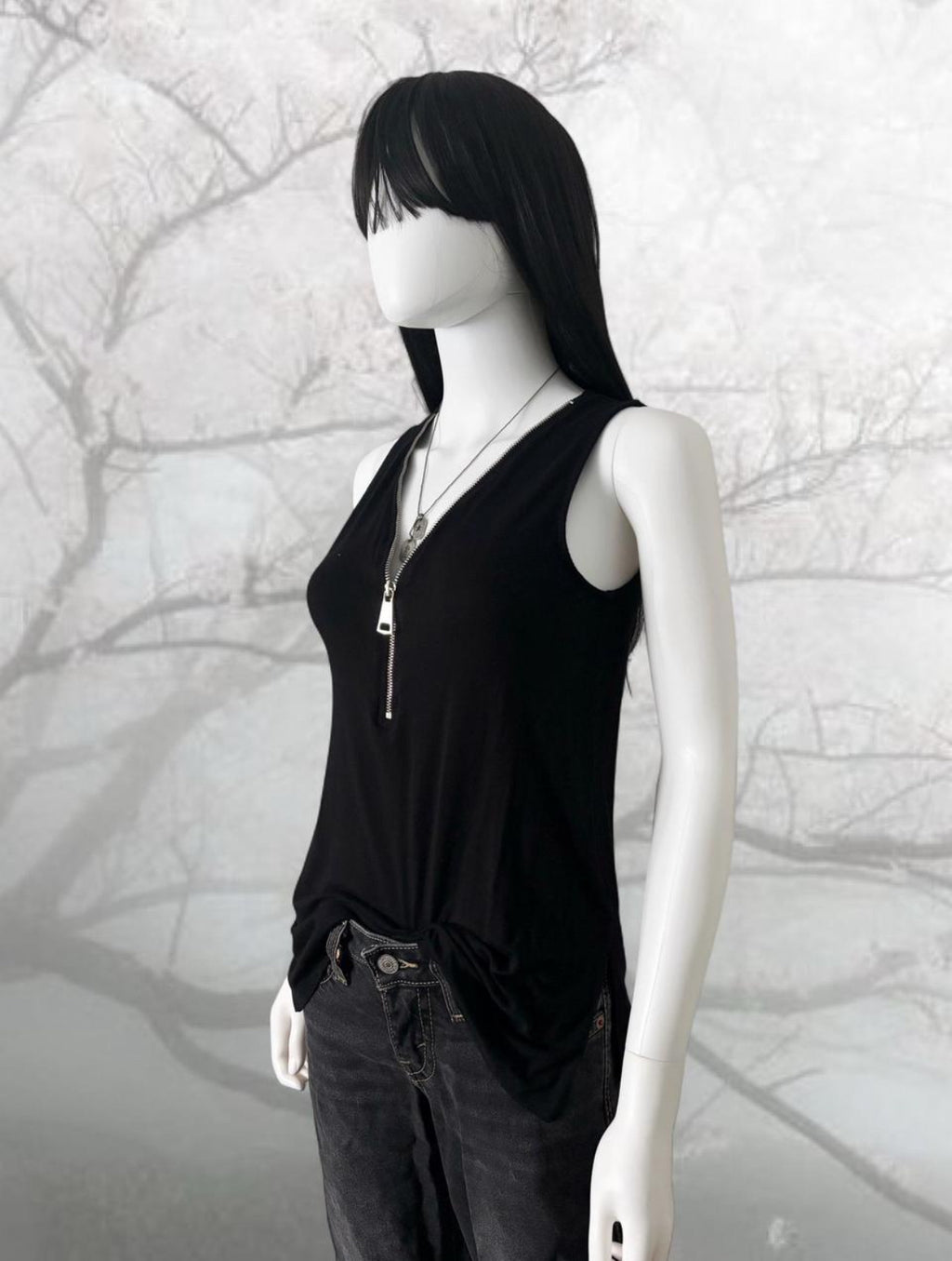 Black V neck tank top with zipper detail