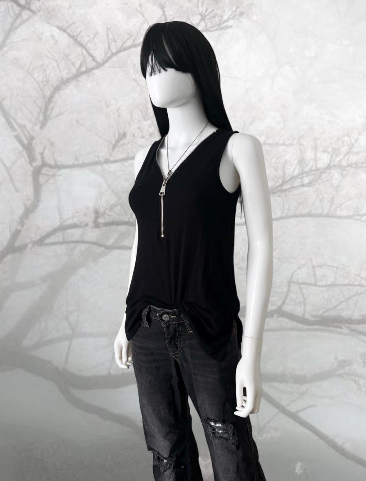 Black V neck tank top with zipper detail