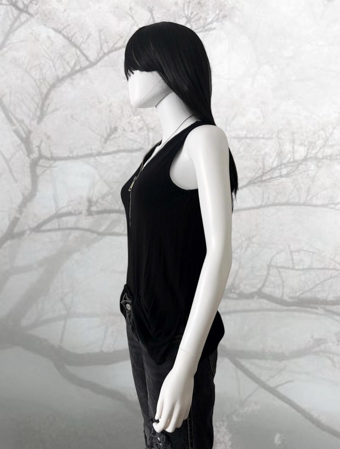 Black V neck tank top with zipper detail