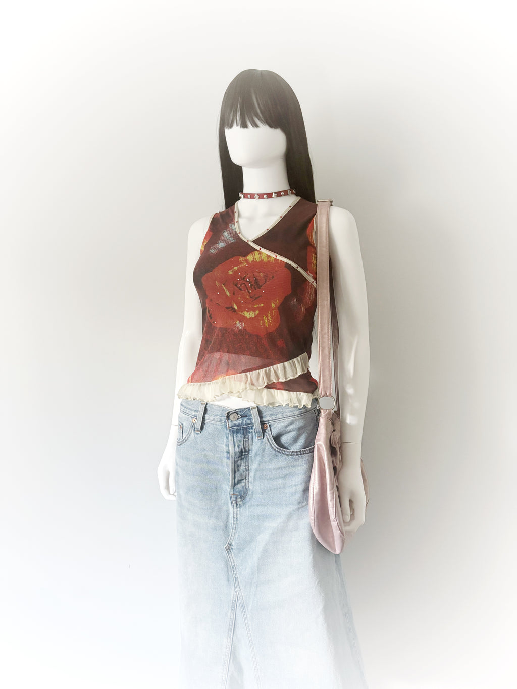 Red and cream floral print baby doll mesh top with ruffle trim