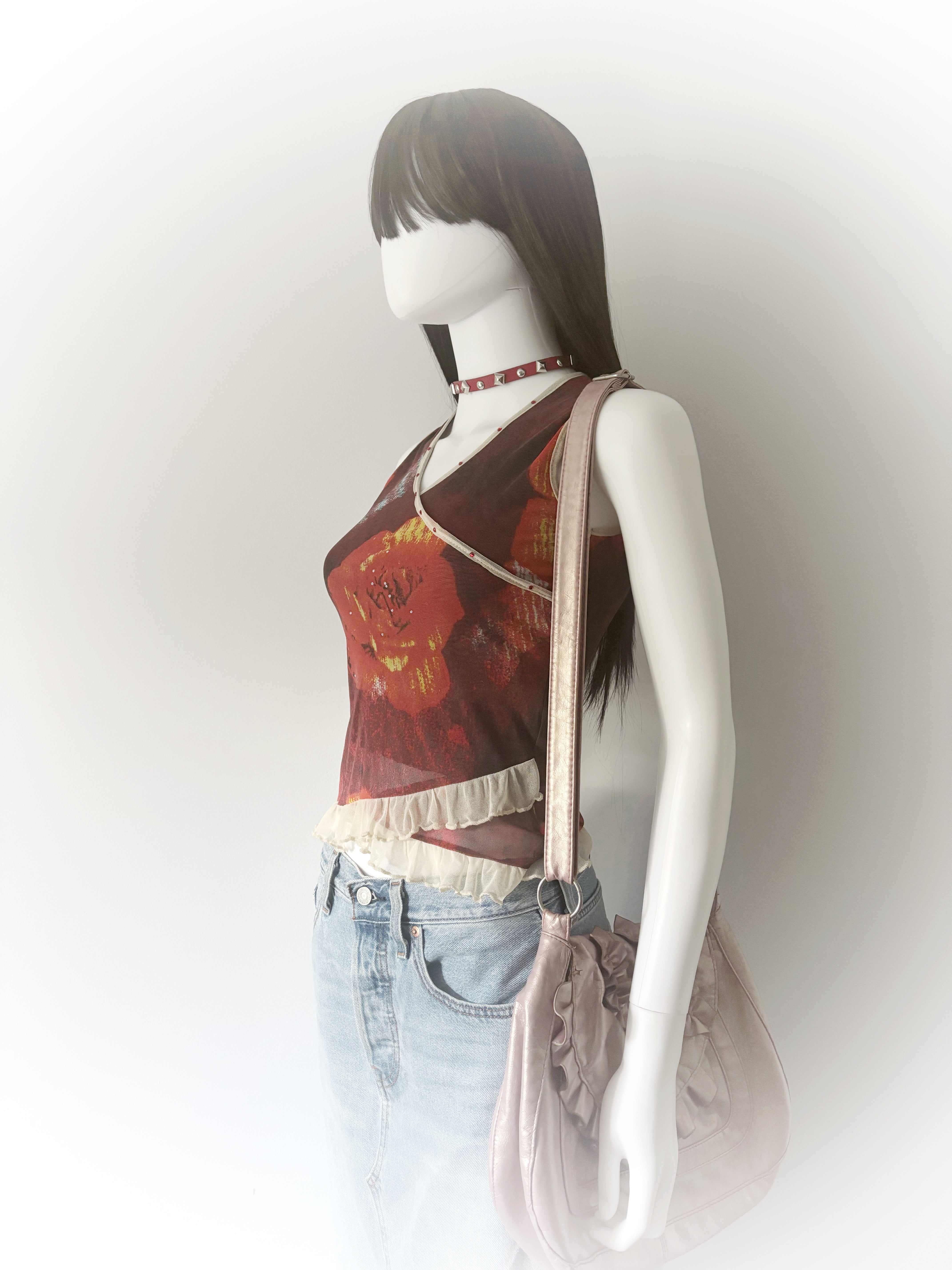 Red and cream floral print baby doll mesh top with ruffle trim