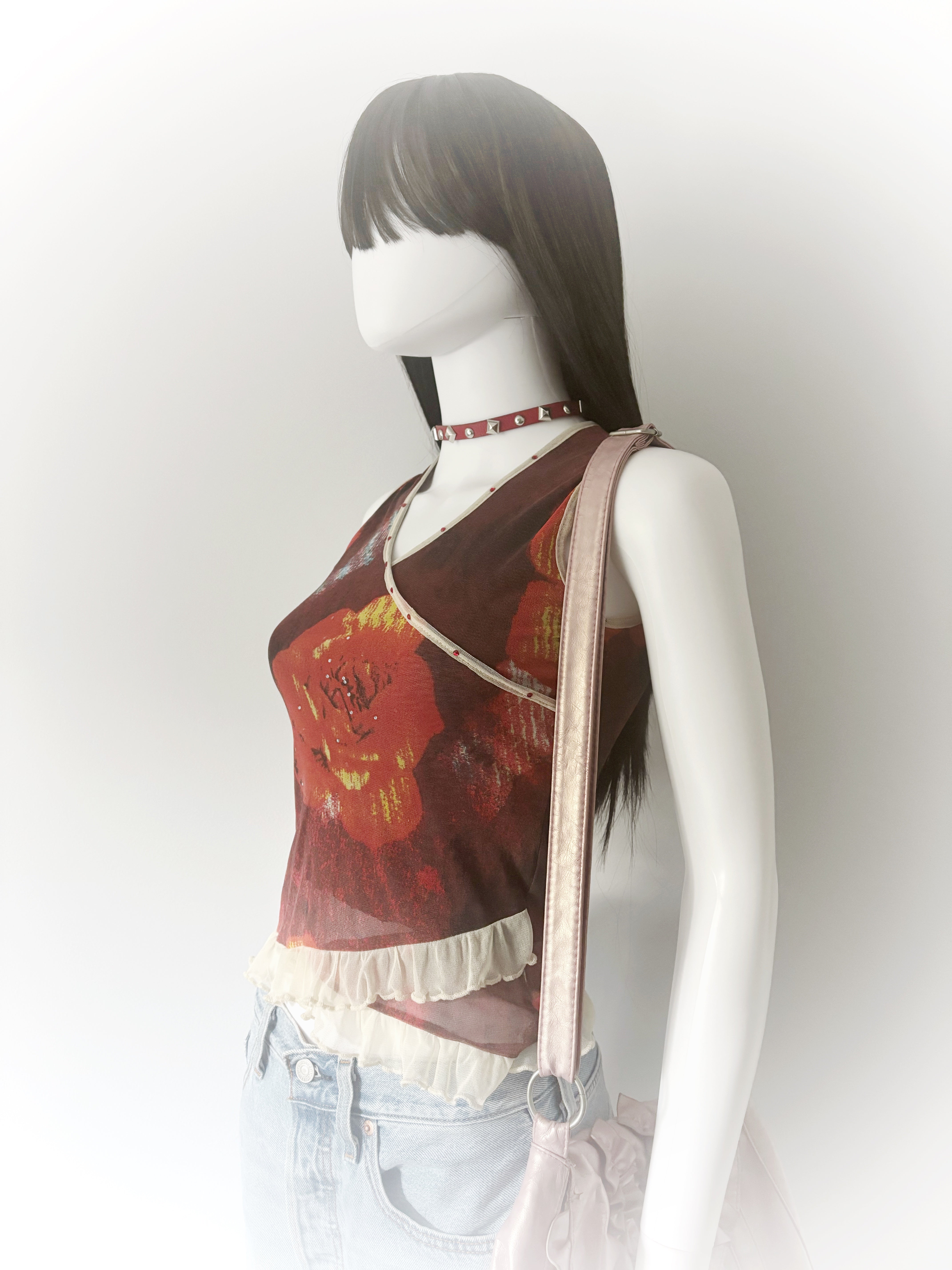 Red and cream floral print baby doll mesh top with ruffle trim