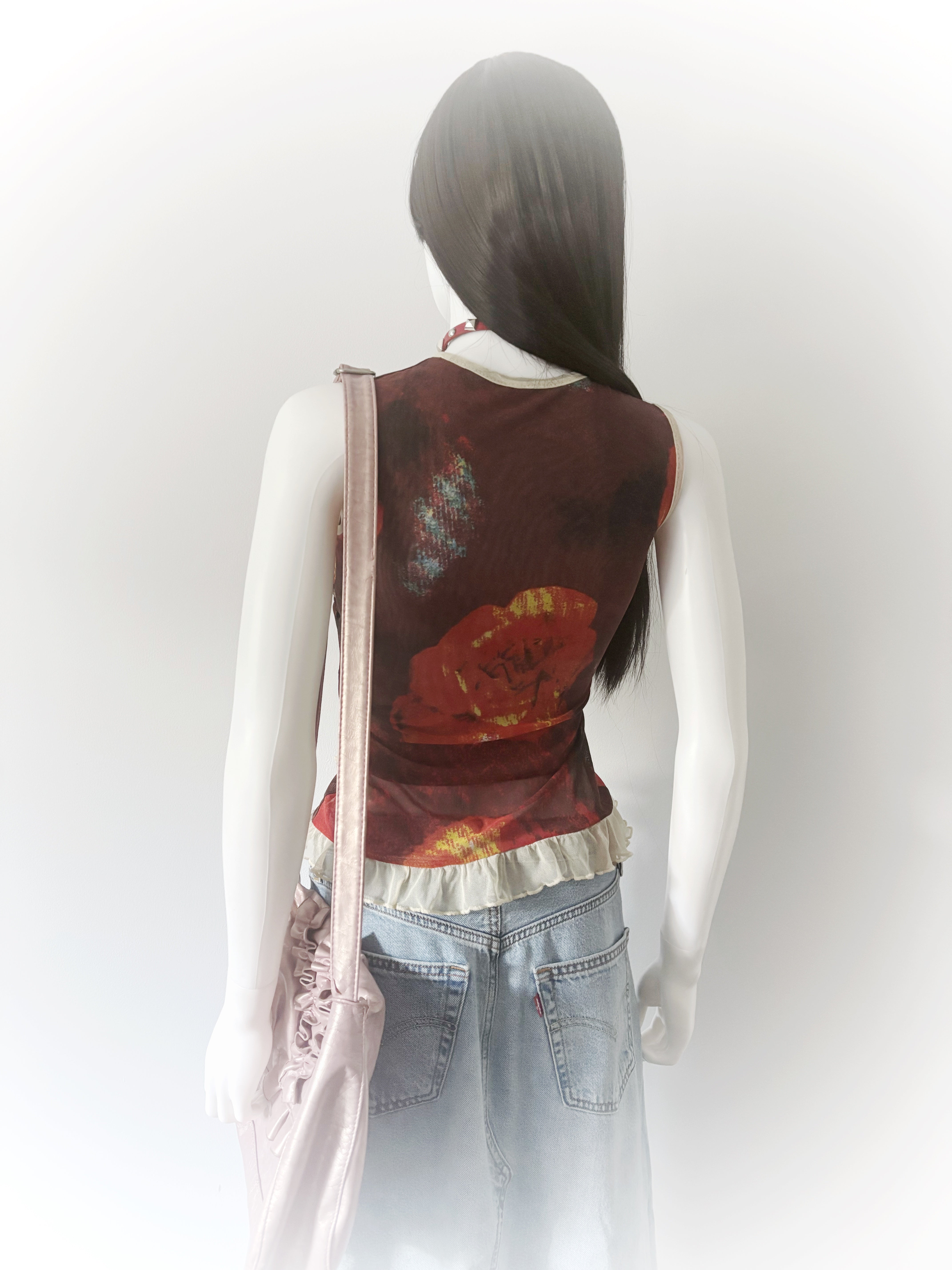 Red and cream floral print baby doll mesh top with ruffle trim