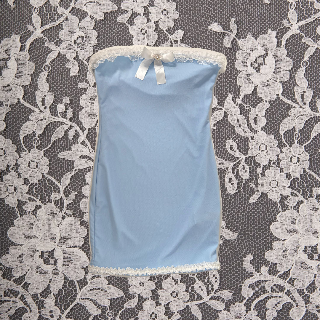 Blue Ruffle and Bow Tube Dress