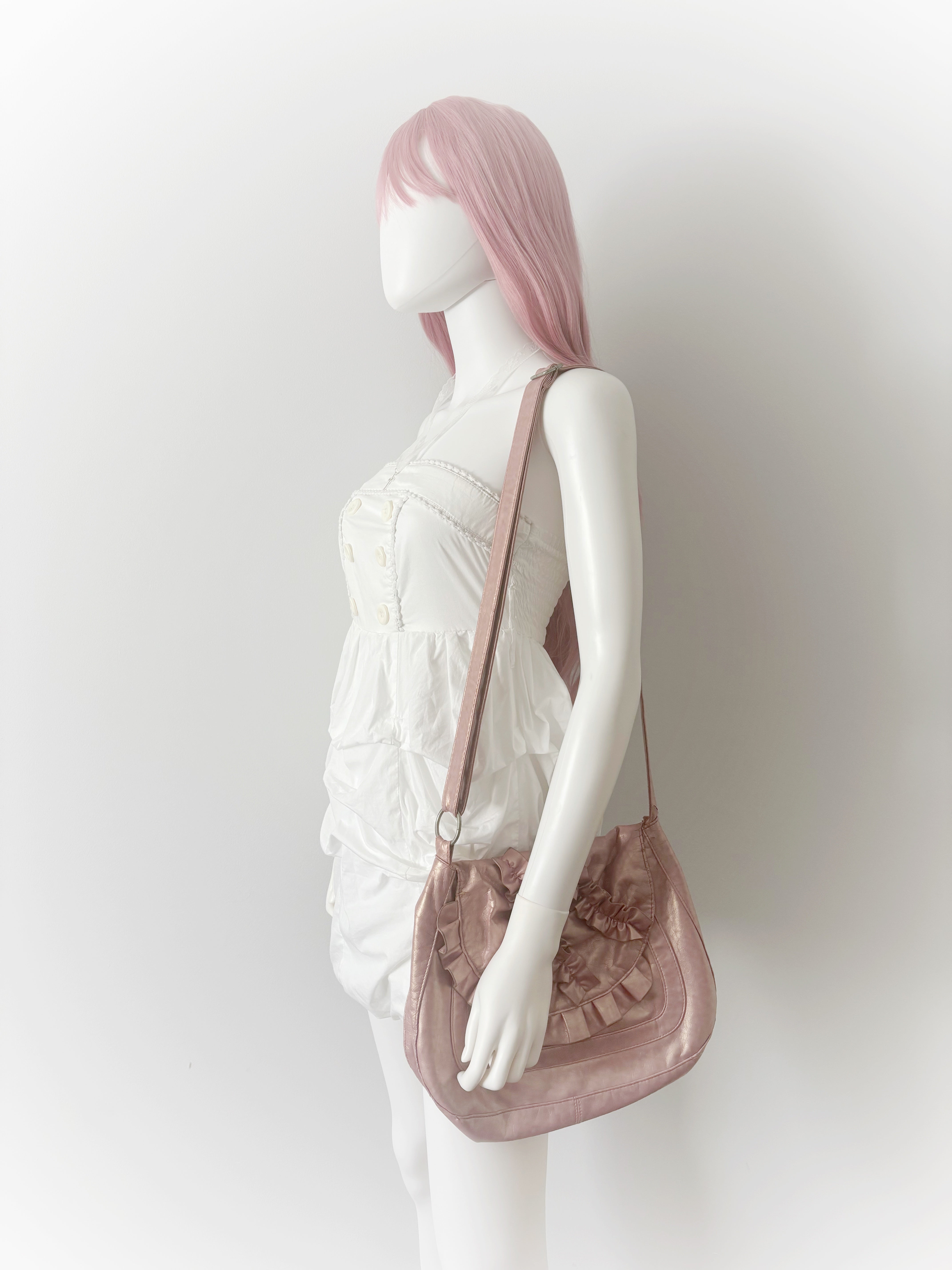 White bubble dress with cute button detail and ruched skirt