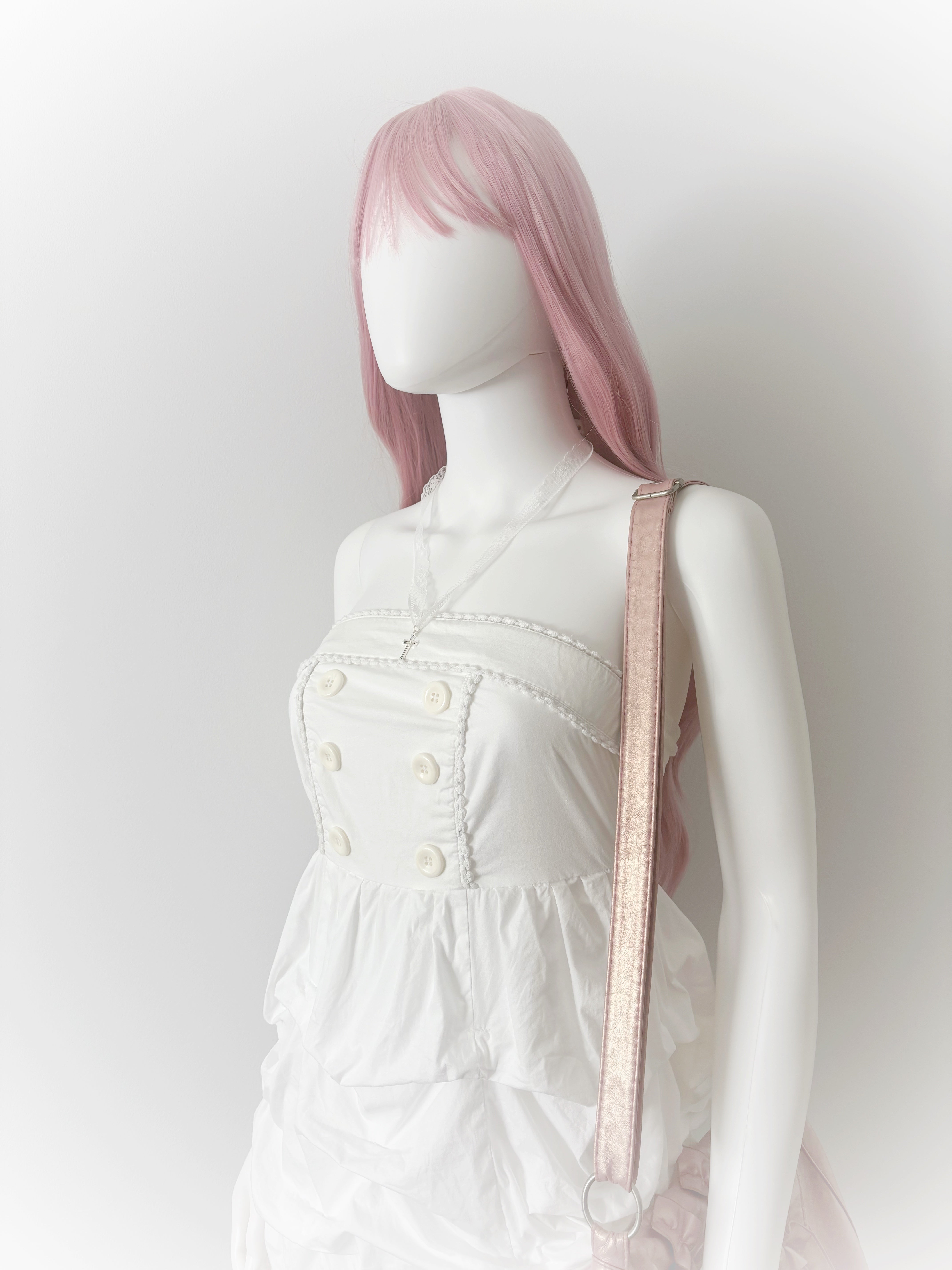 White bubble dress with cute button detail and ruched skirt